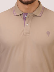 Golf polo t shirt for men in fawn self check close up view