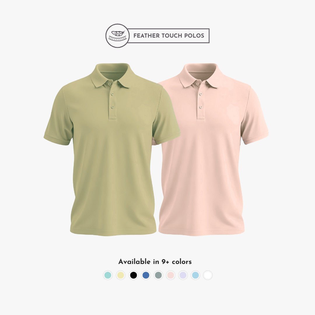 Ultra-soft Feather Touch Polo men’s T-shirts in olive and peach, combo pack