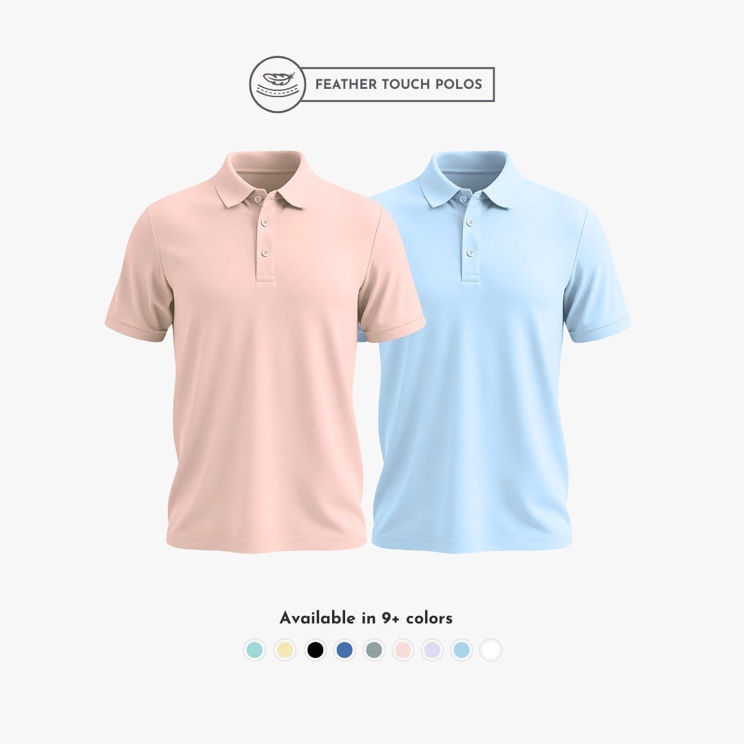 Ultra-soft Feather Touch Polo men’s T-shirts in peach and sky blue, combo pack