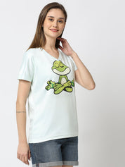 Frog Graphic Printed Women's V-Neck T-shirt