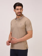 Golf polo t shirt for men in fawn self check side view