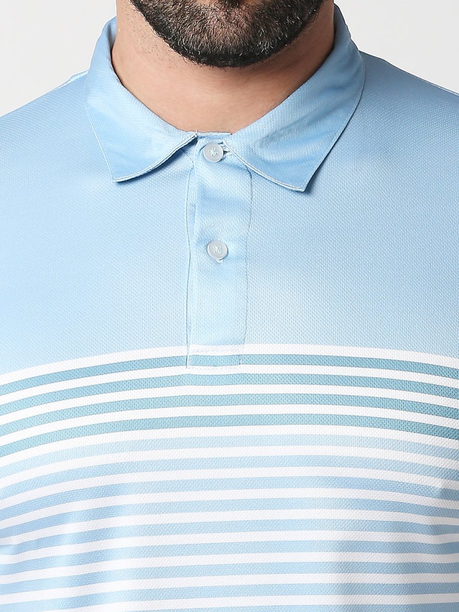 Close-up of blue striped polo collar detail
