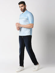 Side view of striped blue polo t-shirt