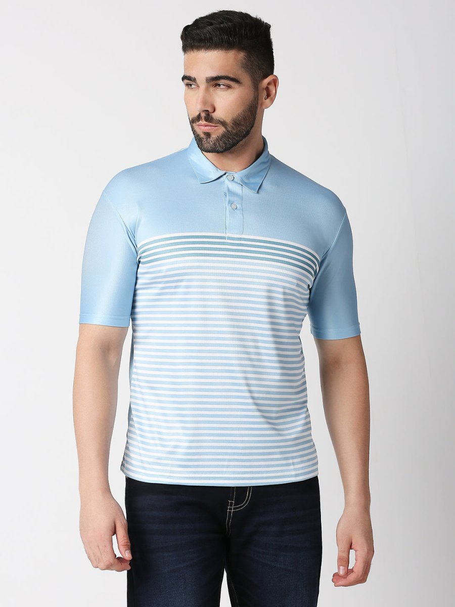 Striped blue polo collar t-shirt front view