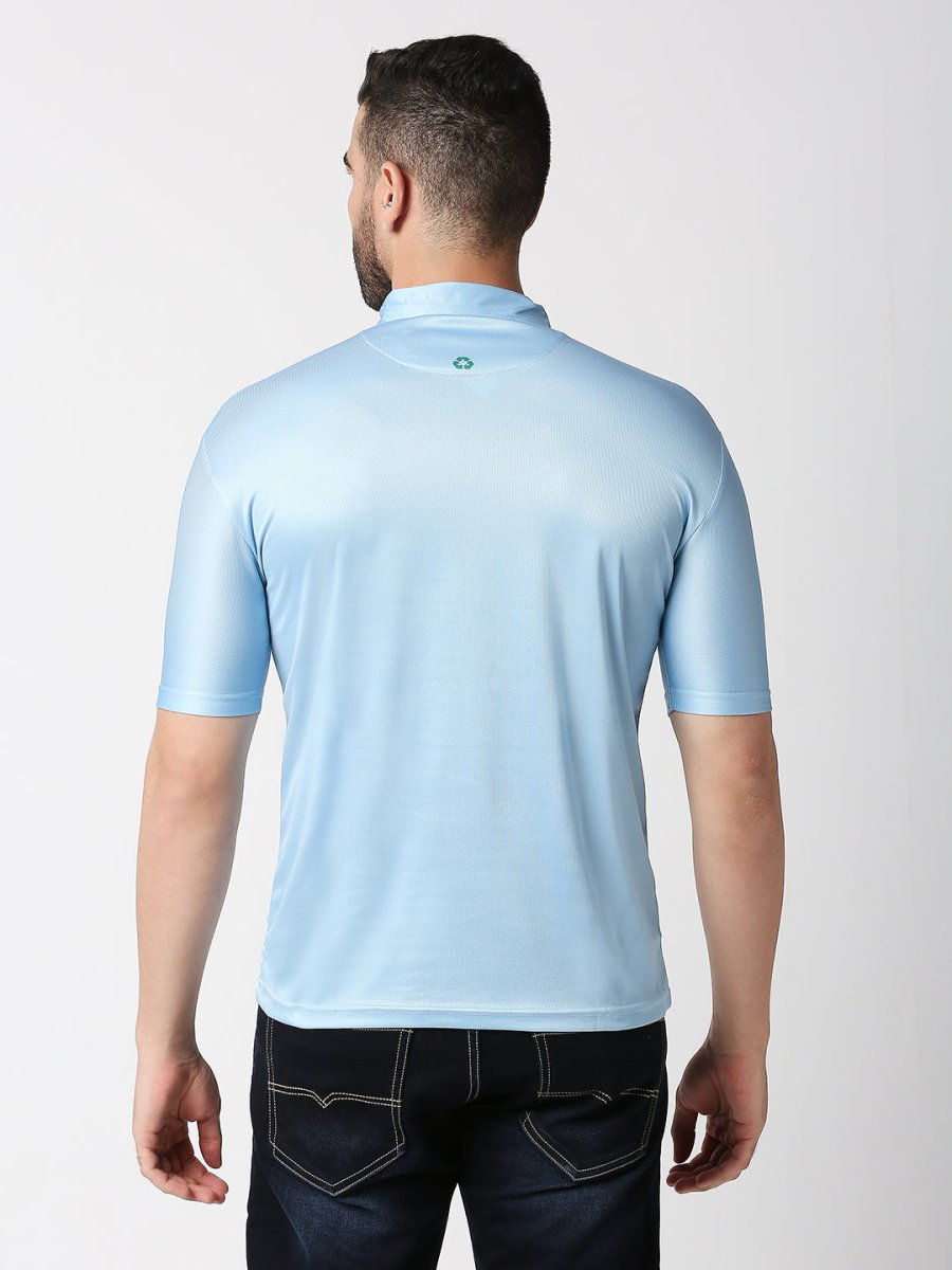 Back view of blue striped polo t-shirt