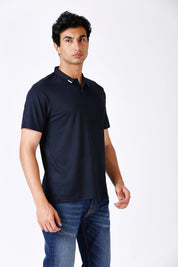 Model Wearing Navy Blue Polo T-shirt