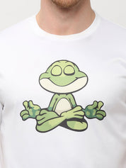 Close-up of frog graphic on white t-shirt