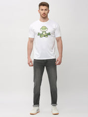 Model wearing white frog print t-shirt casual fit