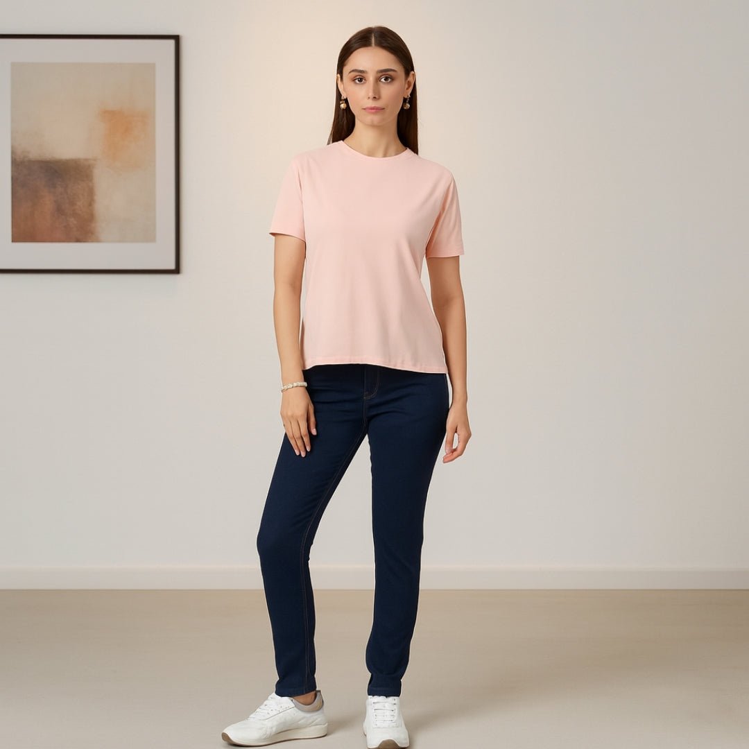 Solid Soft Feather Touch Round Neck T-Shirt Peach for Women's