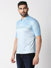 Model wearing striped blue polo t-shirt