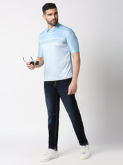 Model wearing striped blue polo t-shirt