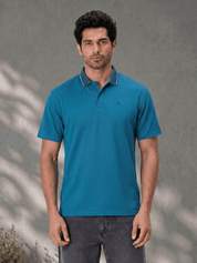 Teal Melange Polo T Shirt with Tipping Collar for Men
