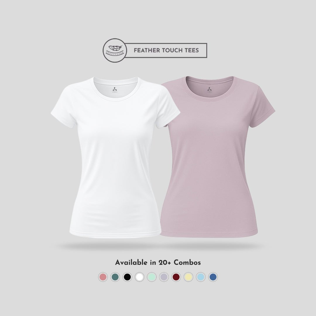 Women's Round Neck T-Shirt Combo – Feather Touch in White & Purple