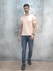 Peach Round Neck Solid T-Shirt Men