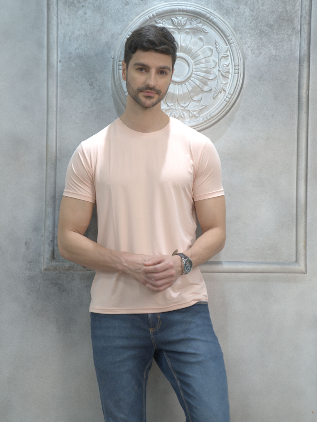 Peach Round Neck Solid T-Shirt Men