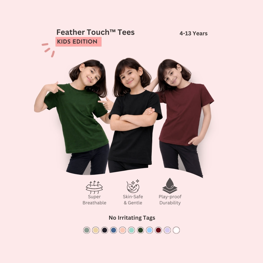 Feather Touch Girls Plain Round Neck T-Shirt – Bottle Green, Black & Burgundy Combo