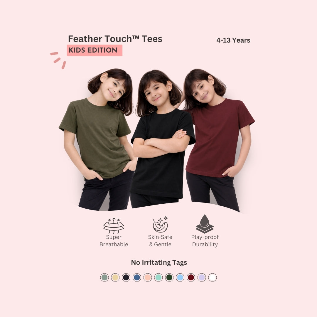 Feather Touch Girls Plain Round Neck T-Shirt – Honey Brown, Black & Burgundy Combo