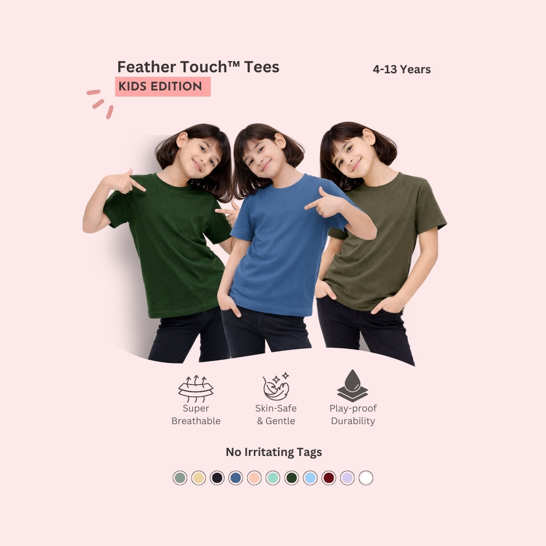 Feather Touch Girls Plain Round Neck T-Shirt – Bottle Green, Blue & Honey Brown Combo