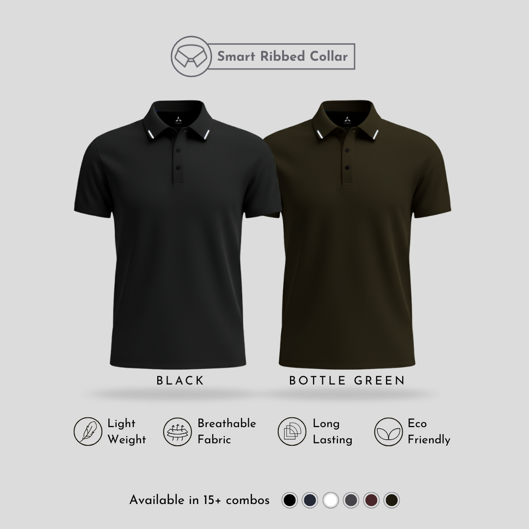Matte Polo: Ultra Soft Black & Bottle Green Men's Polo T-Shirts Combo Pack with Tipping