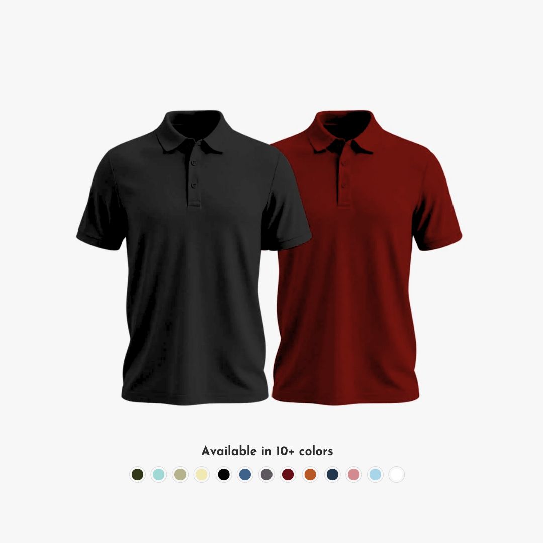 Combo Pack of 2 Men's Solid Matte Polo Collar Black & Maroon T-shirts