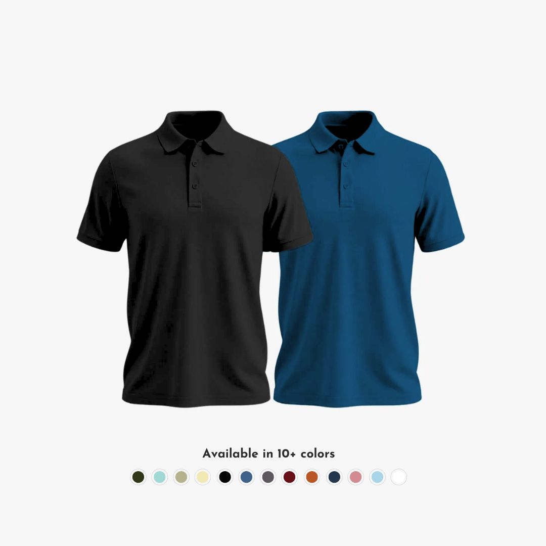 Combo Pack of 2 Men's Solid Matte Polo Collar Black & Rama Blue T-shirts