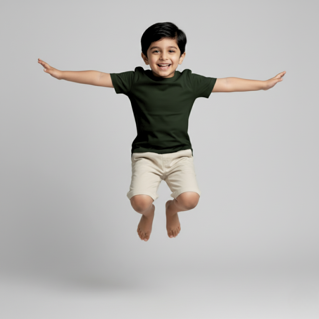 Feather Touch Round Neck Plain Bottle Green T-Shirt for Boys
