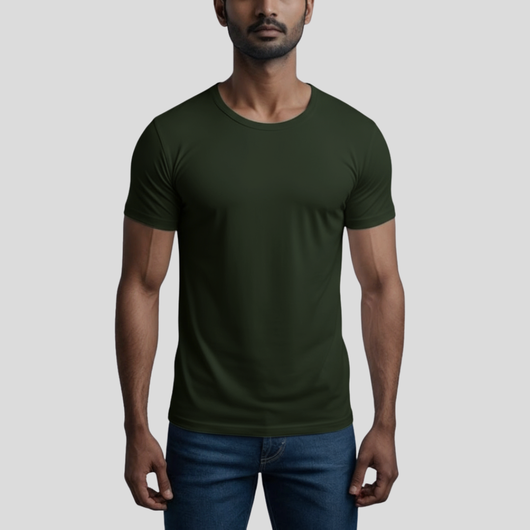 Feather Touch Round Neck Plain Bottle Green T-Shirt for Men