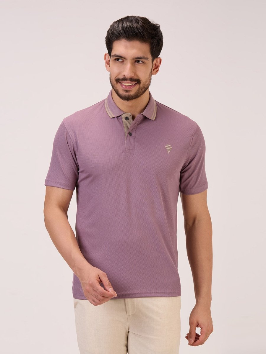 golf polo t shirt for men in light wine crest front view