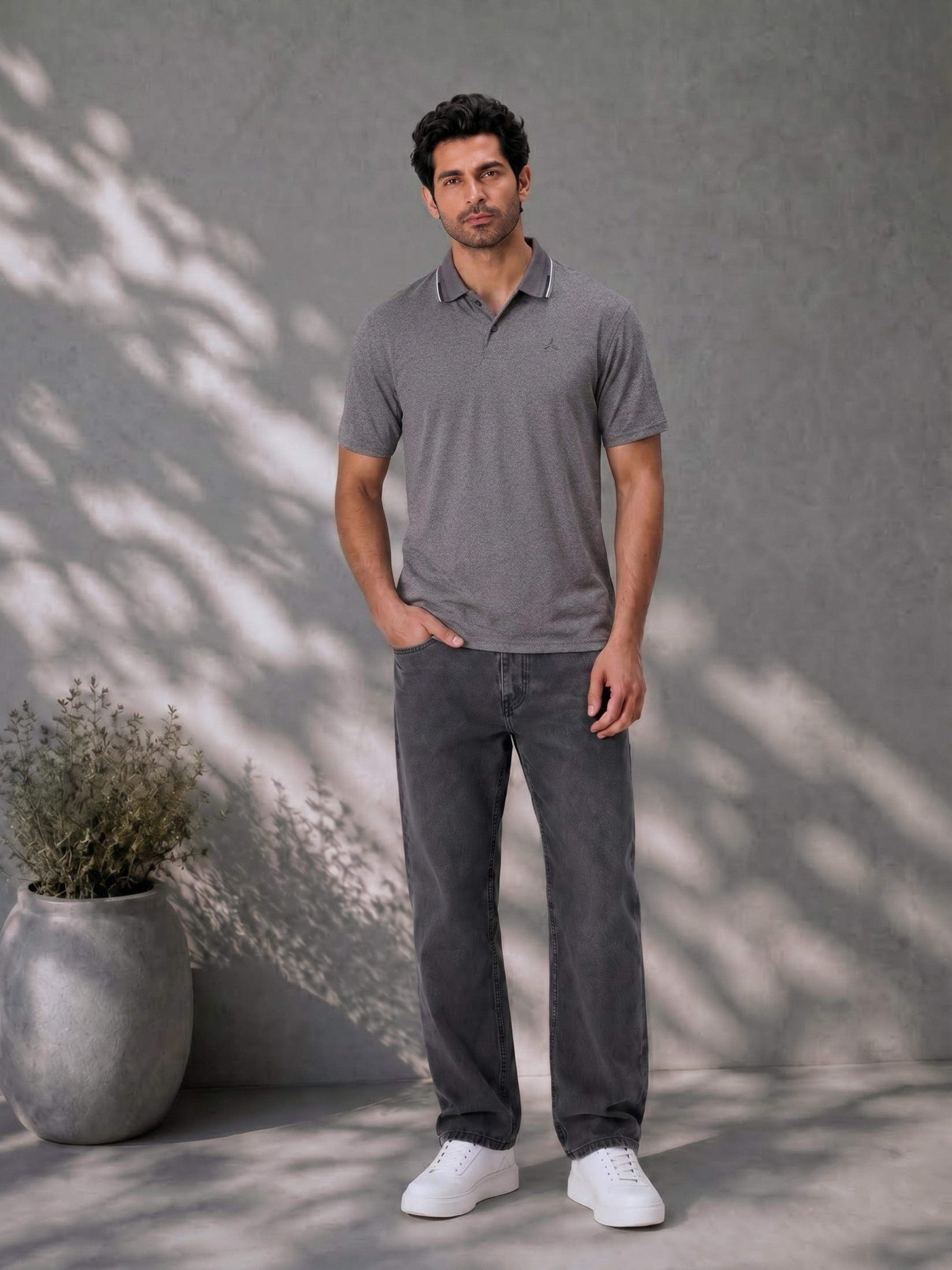 Melange Polo T Shirt for Men in Grey with Tipping Collar