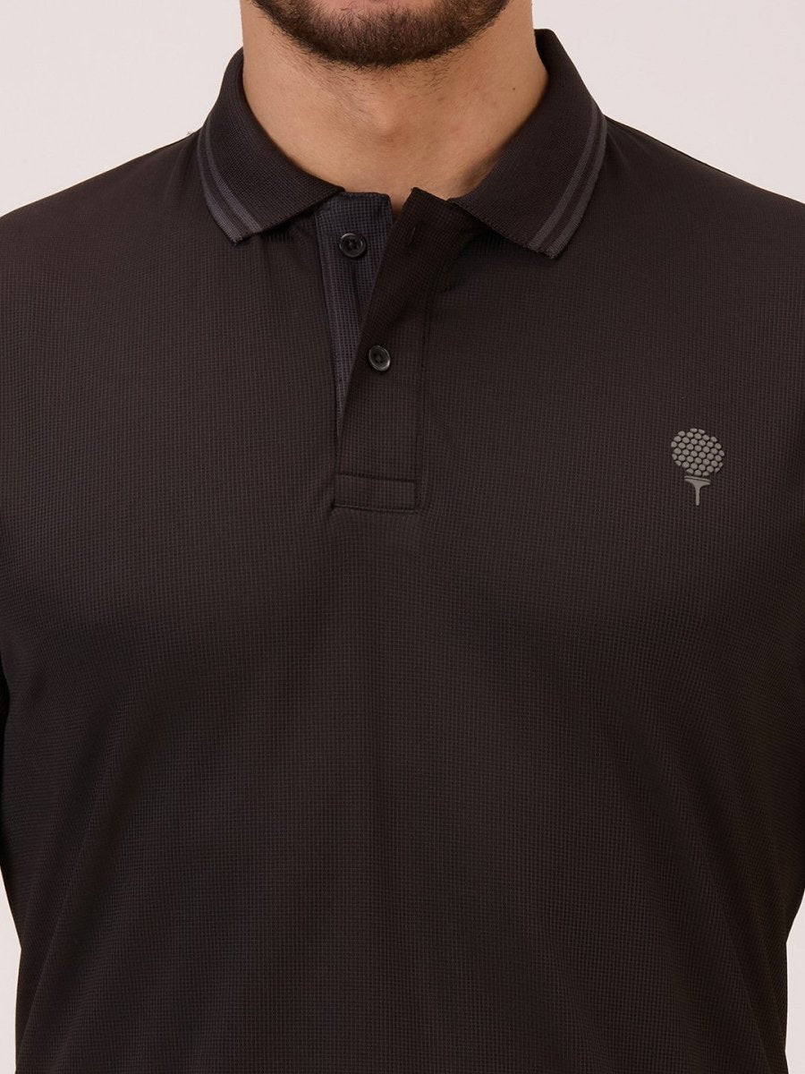 golf polo t shirt for men in black self check close up view