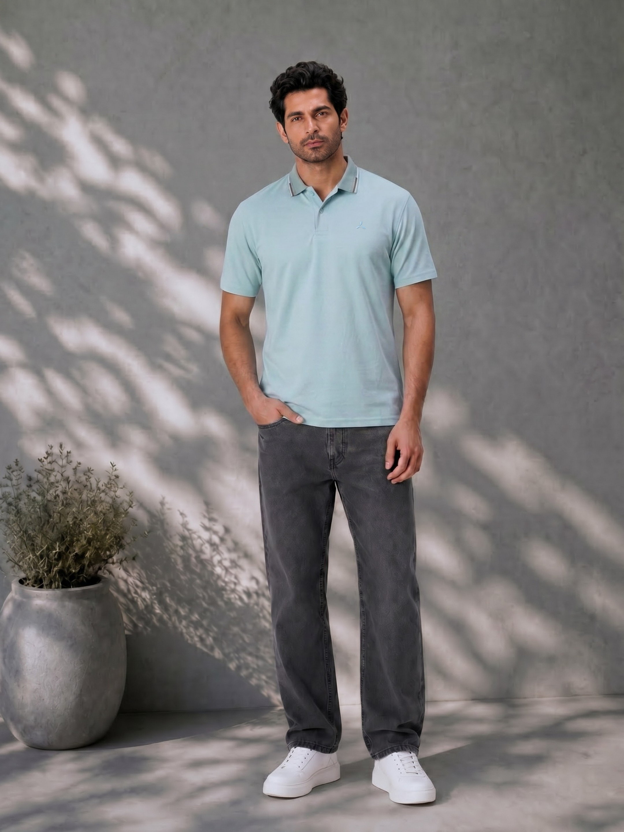 Mint Melange Men's Polo T Shirt with Contrast Tipping