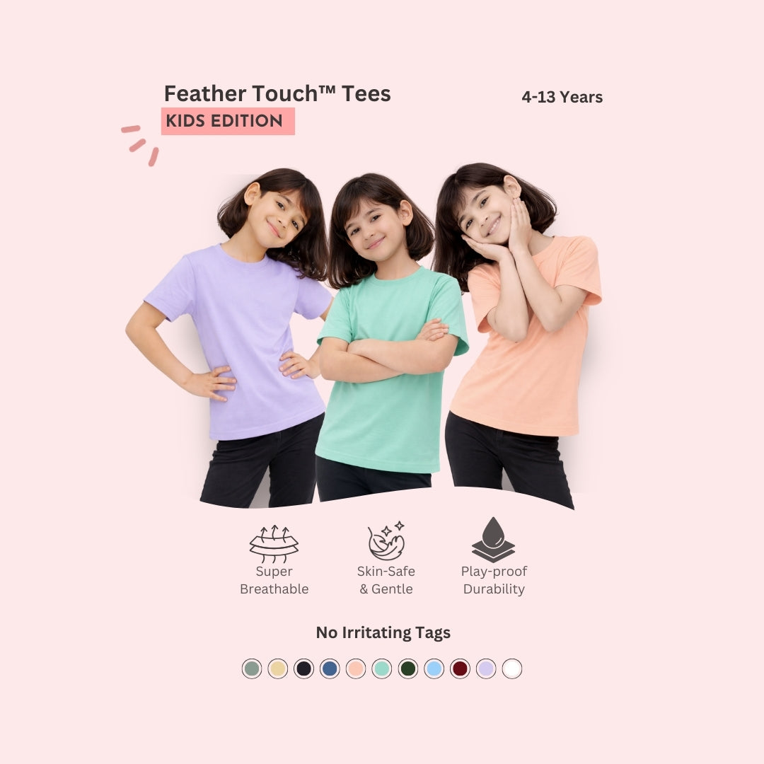 Feather Touch Girls Plain Round Neck T-Shirt – Lavender, Mint & Peach Combo