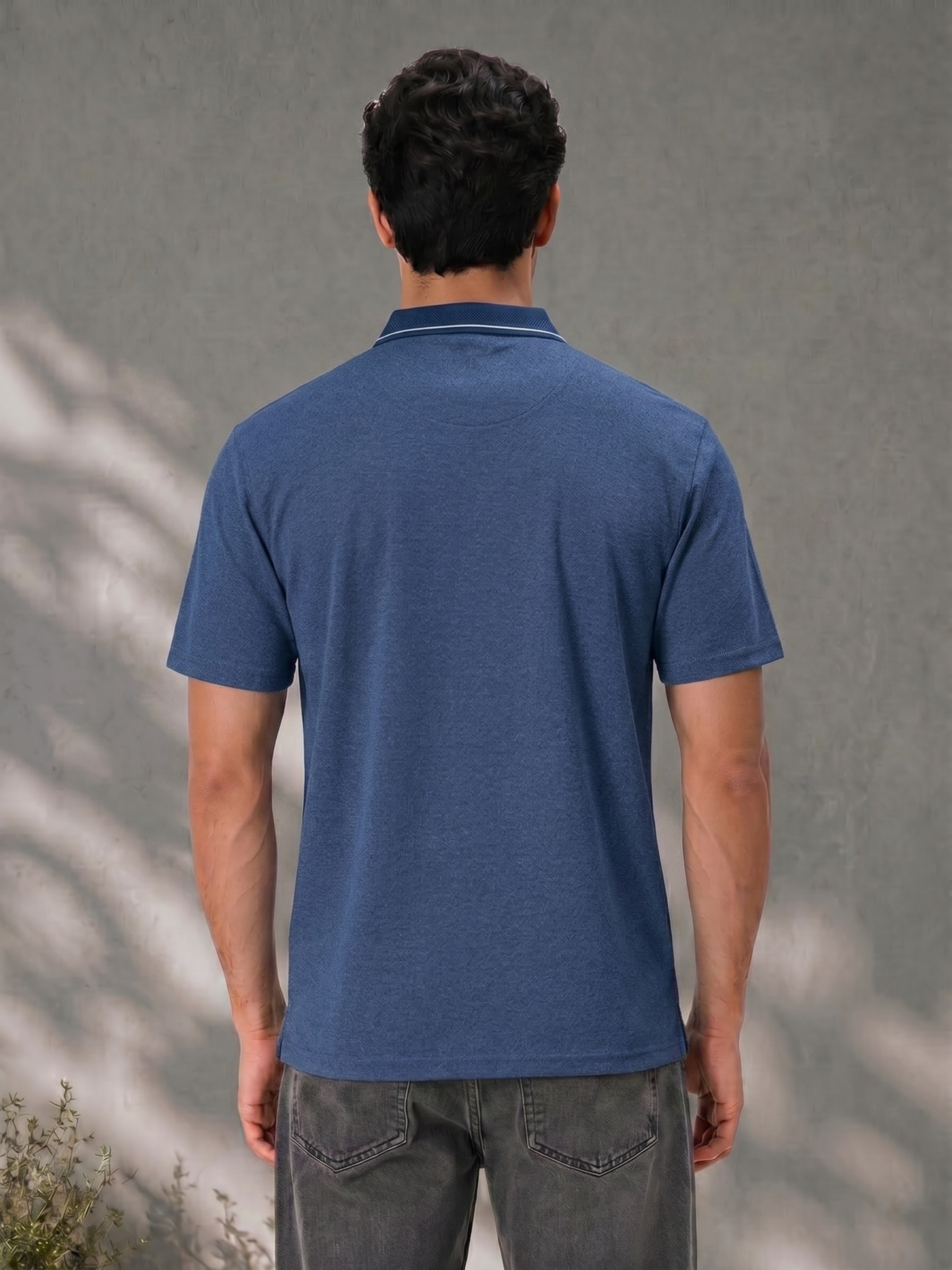 Navy Melange Polo T Shirt with Tipping Collar