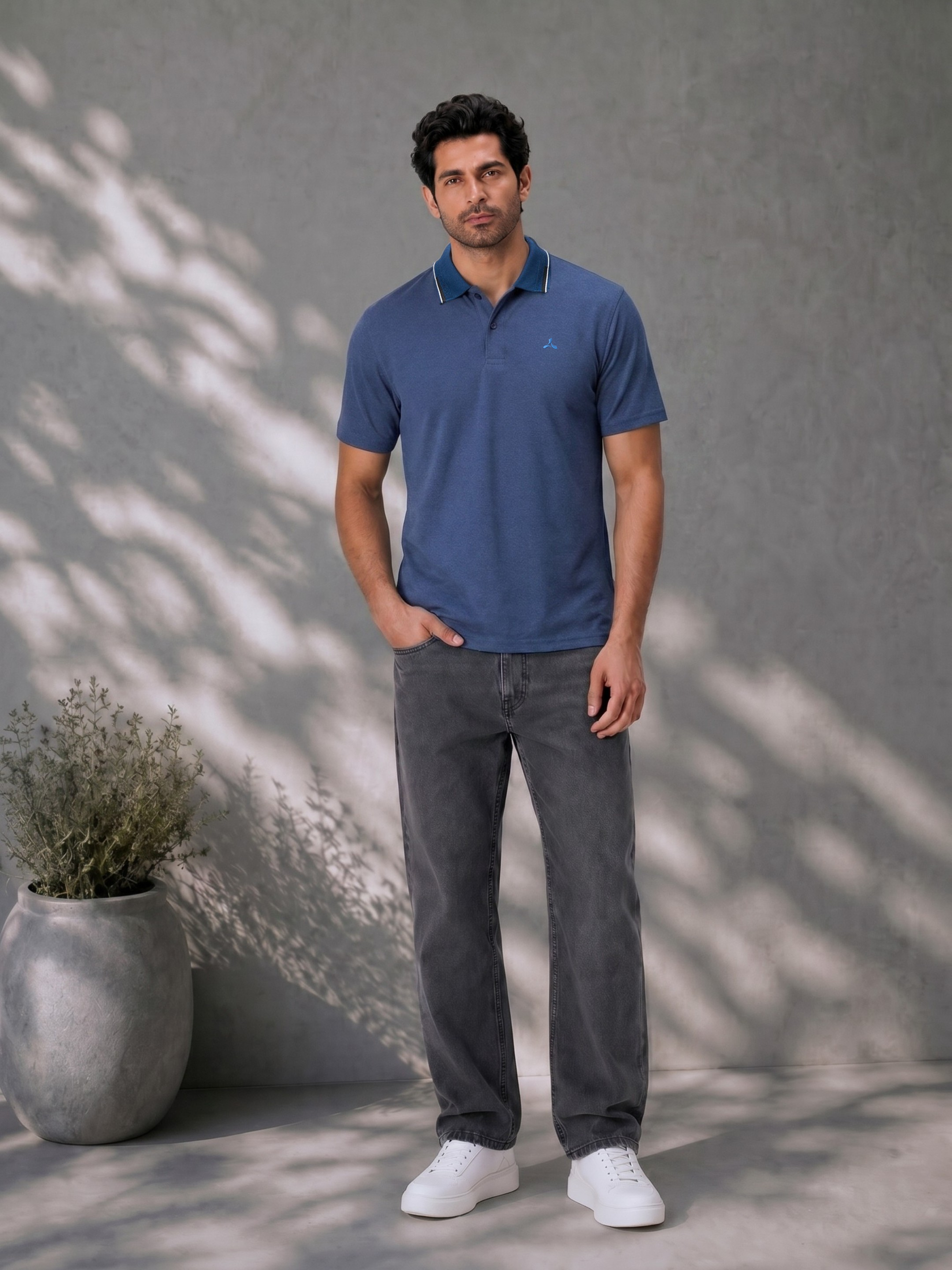 Navy Melange Polo T Shirt with Tipping Collar
