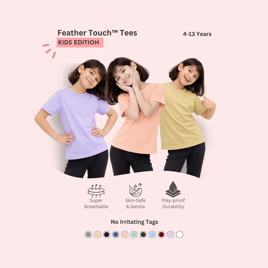 Feather Touch Girls Plain Round Neck T-Shirt – Lavender, Peach & Olive Combo