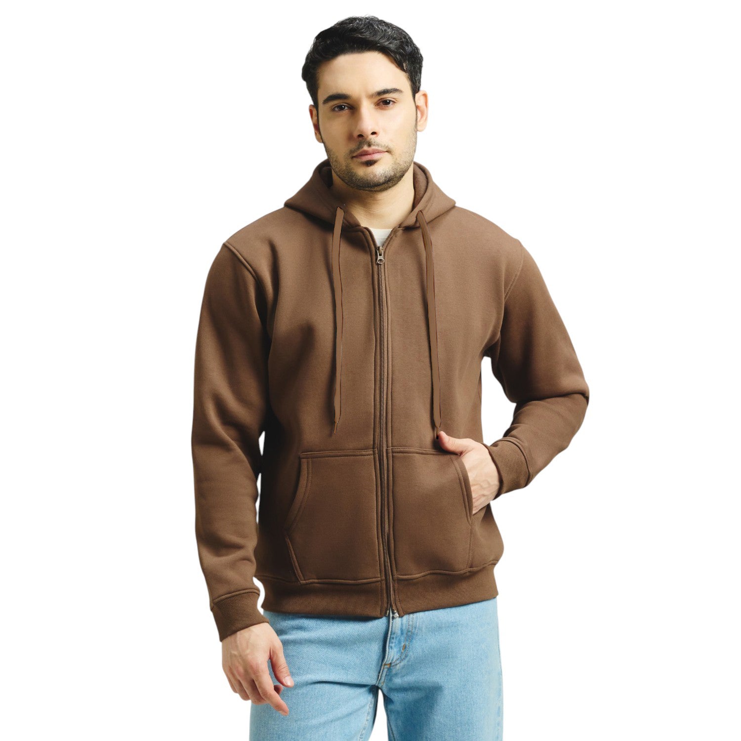 Classic Winter Zip-Up Hoodie for Men in Brown | UNIREC