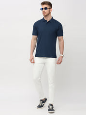 Men's Solid Matte Navy Blue Polo T-shirt