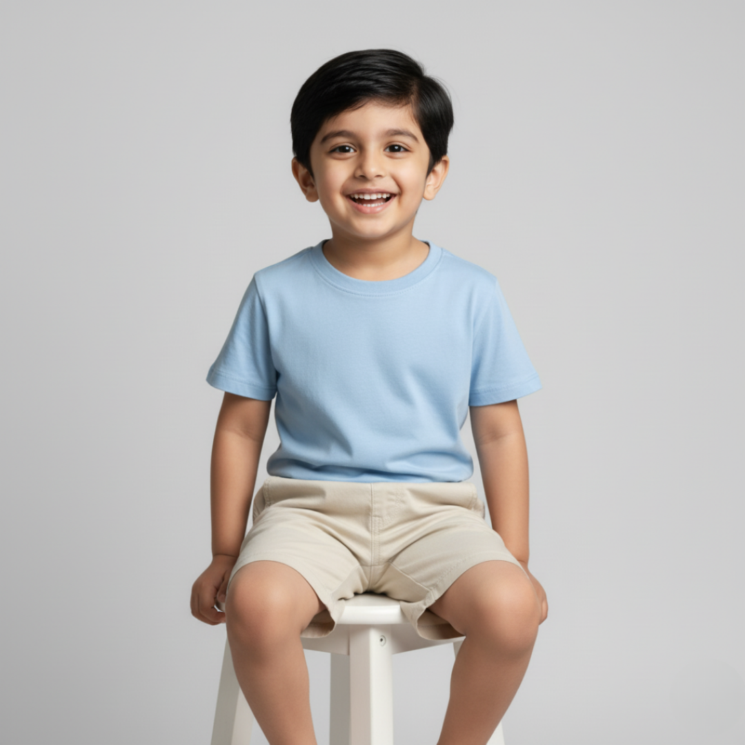 Feather Touch Round Neck Plain Sky Blue T-Shirt for Boys