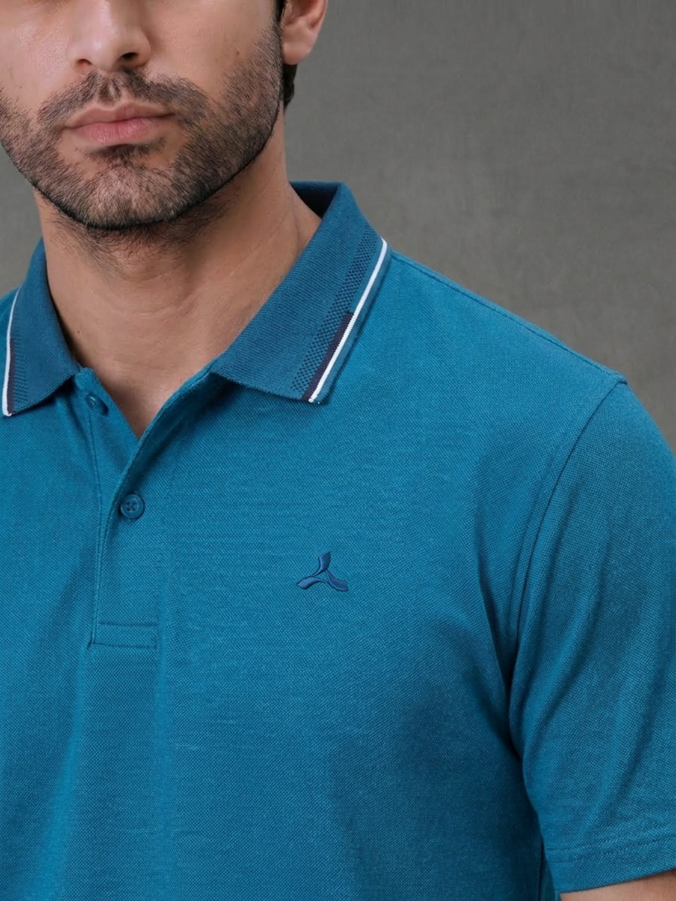 Teal Melange Polo T Shirt with Tipping Collar for Men