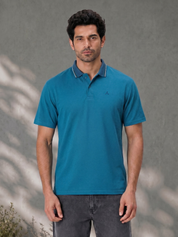 Teal Melange Polo T Shirt with Tipping Collar for Men