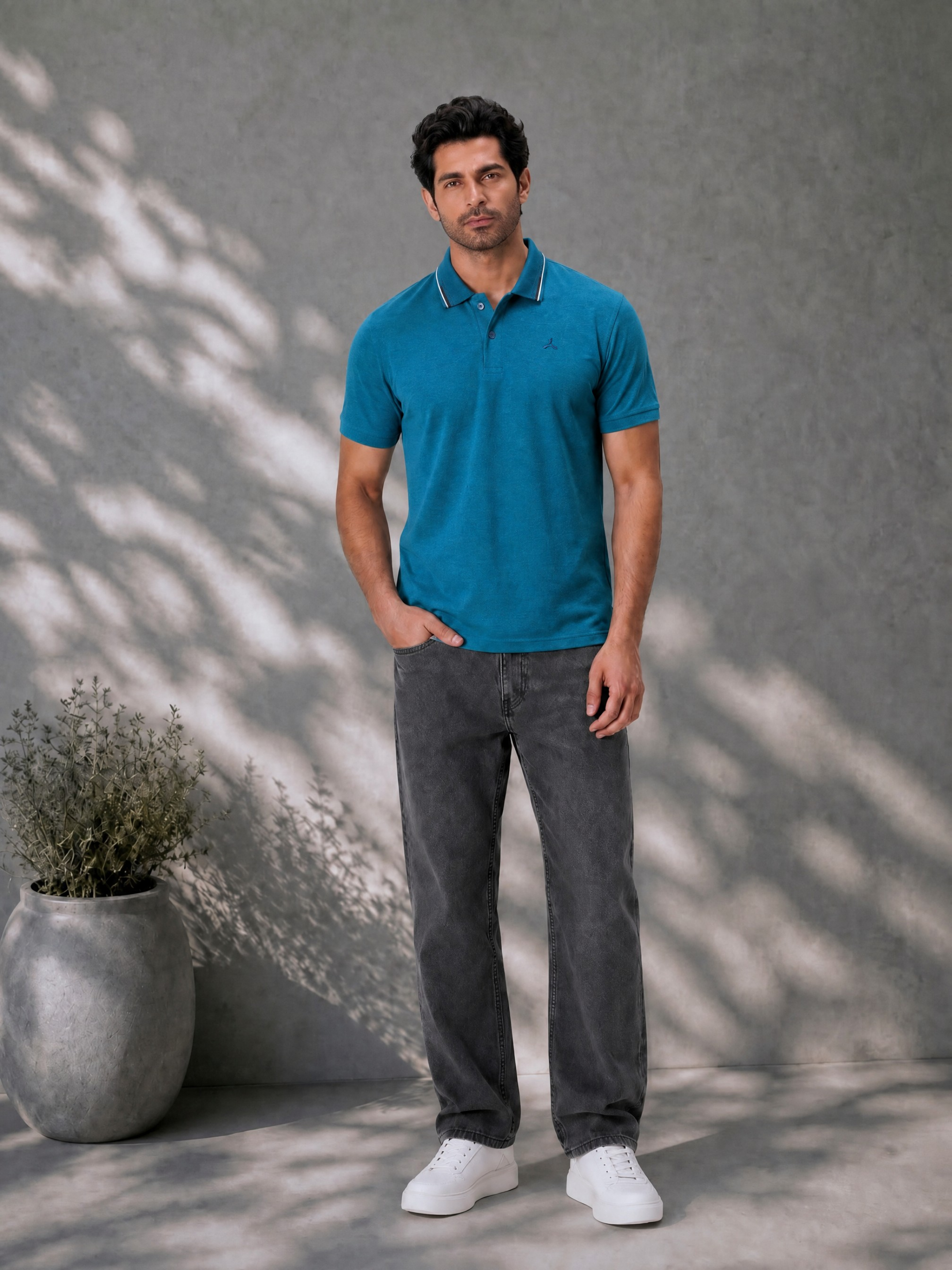 Teal Melange Polo T Shirt with Tipping Collar for Men