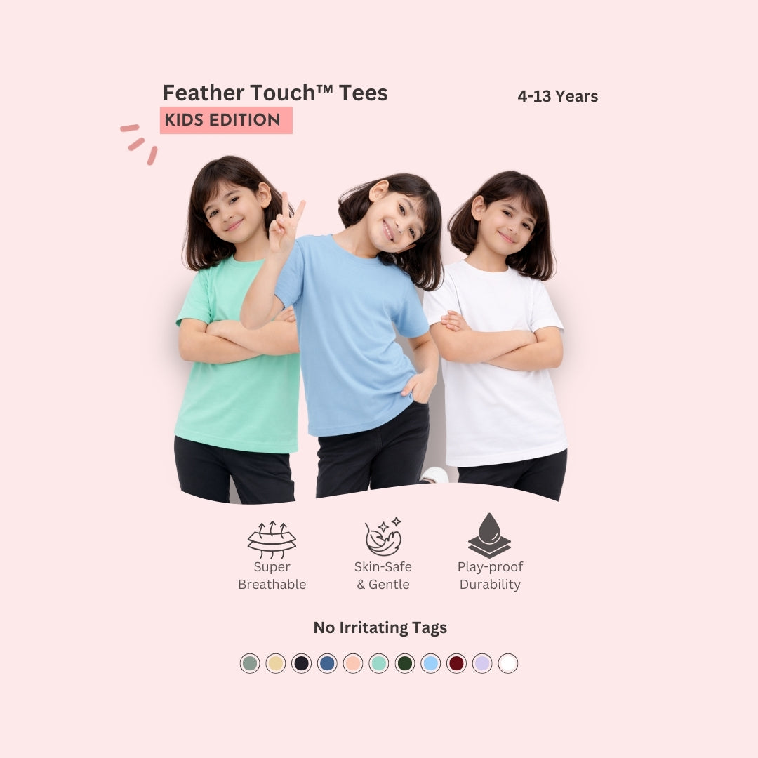 Feather Touch Girls Plain Round Neck T-Shirt – Mint, Sky Blue & White Combo