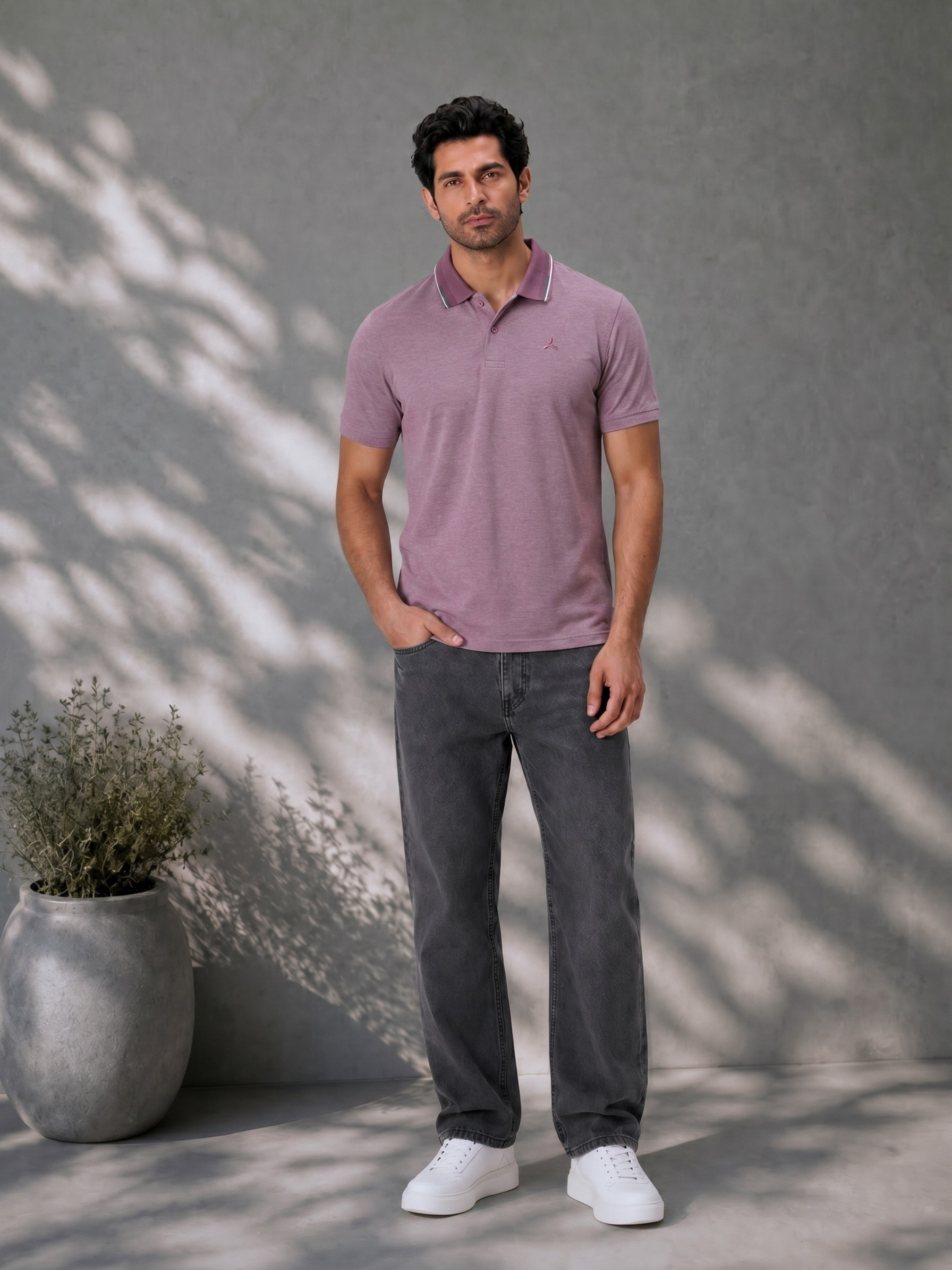 Wine Melange Polo T Shirt with Tipping Collar for Men