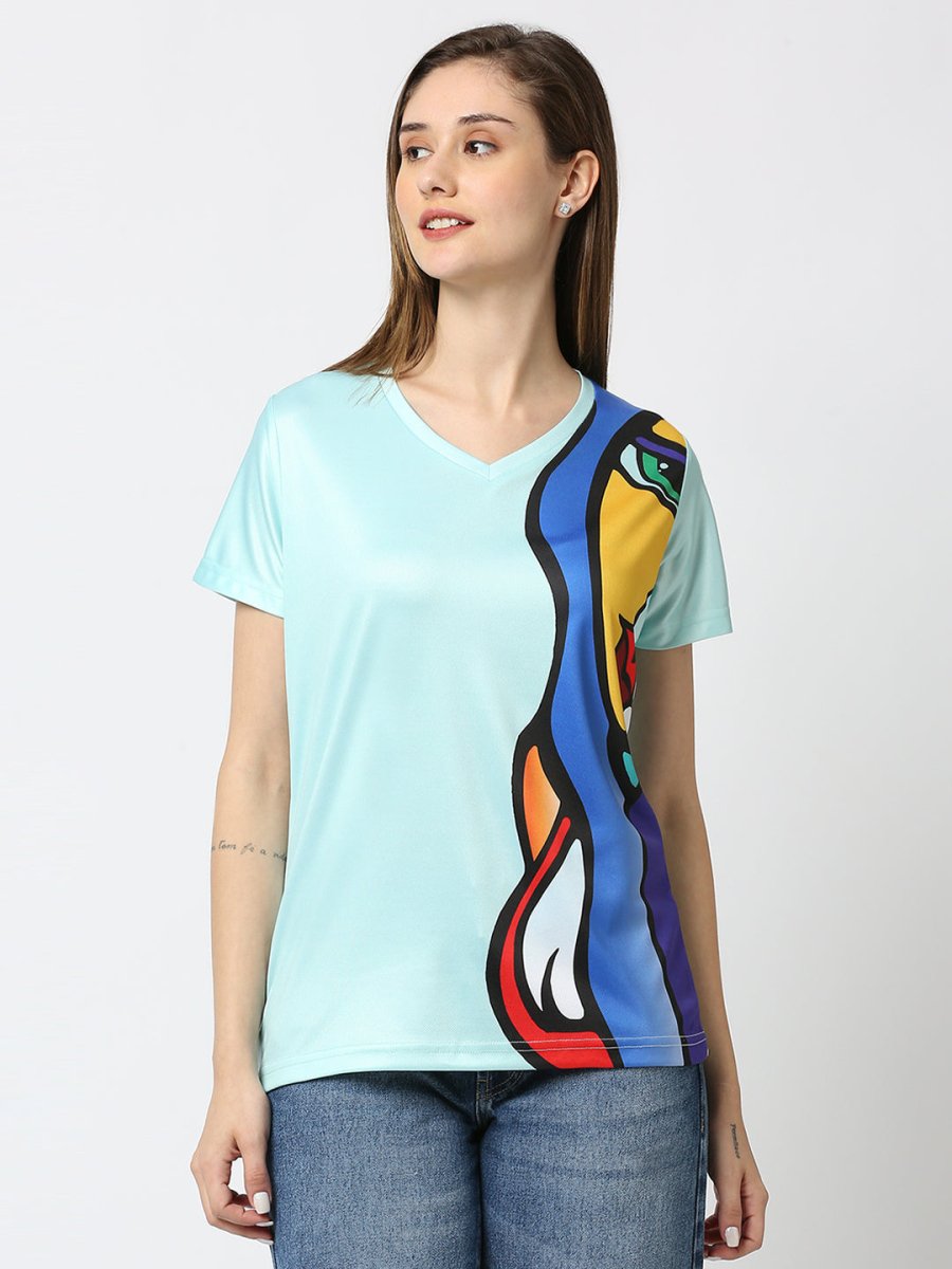 Abstract Graphic Printed Women's V-Neck T-Shirt - White/Green