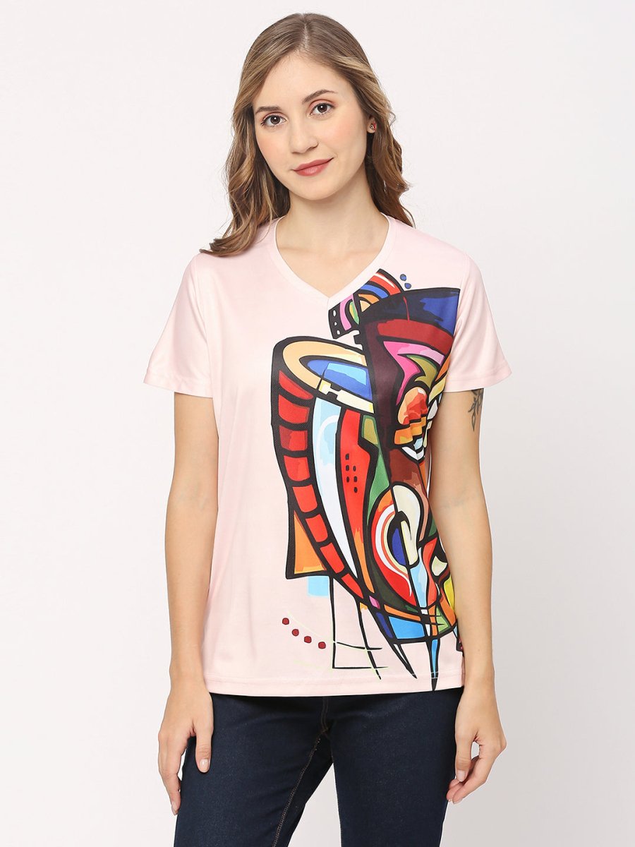 Abstract Graphic Printed Women's V-Neck T-Shirt - White/Peach