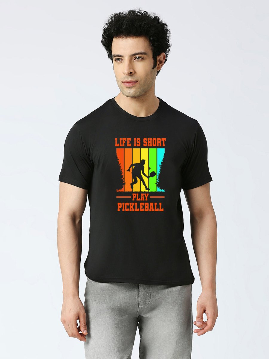 Black dry fit T-shirt with ‘Life is Short, Play Pickleball’ quote