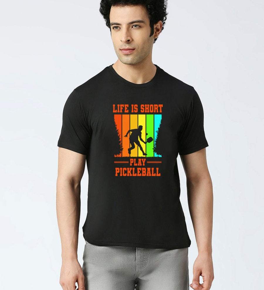 Black dry fit T-shirt with ‘Life is Short, Play Pickleball’ quote