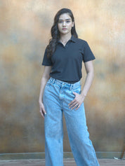 Women's Solid Black Polo T-shirt