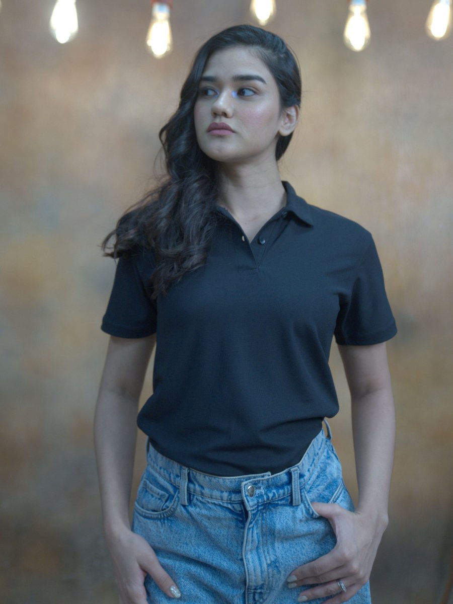 Women's Solid Black Polo T-shirt