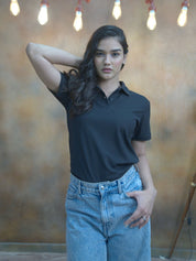 Women's Solid Black Polo T-shirt